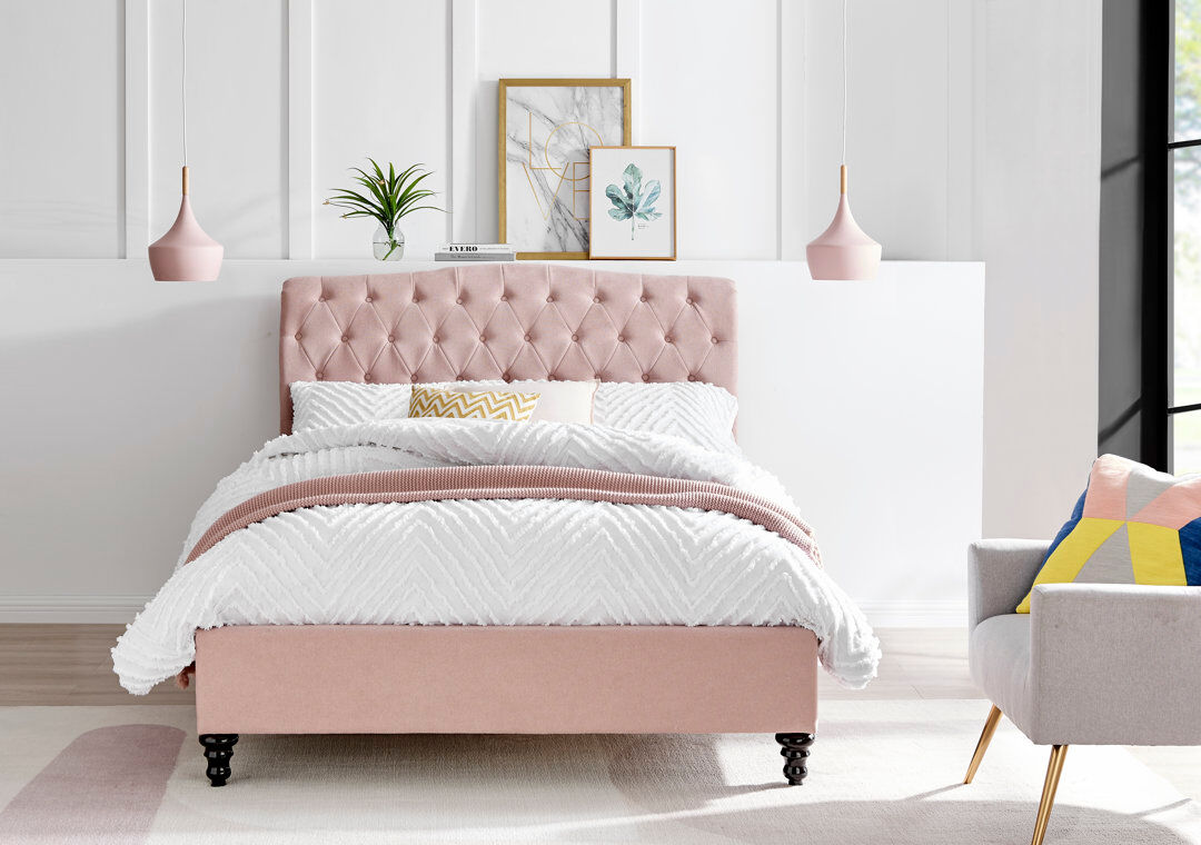 Three Posts Fairfield Upholstered Velvet Sleigh Bed Pink Double (4'6)