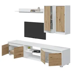 Dmora Wohnwand Wells, Wohnzimmerset, Mehrzweck-Wohnzimmermöbel, Komposition für modernes Wohnzimmer, 200x40h114 cm, Weiß und Eiche