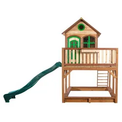 Spielhaus Sam 353 x 270 x 305 cm - Kinderspielhaus aus Zedernholz Braun/Grün - Holzspielhaus mit Rutsche Weiß - Spielturm für Kinder mit Nestschaukel