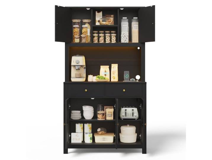 Buffet haut de cuisine - Noir - 100x40x180 cm - 2 tiroirs & portes vitrées - LED + prise USB