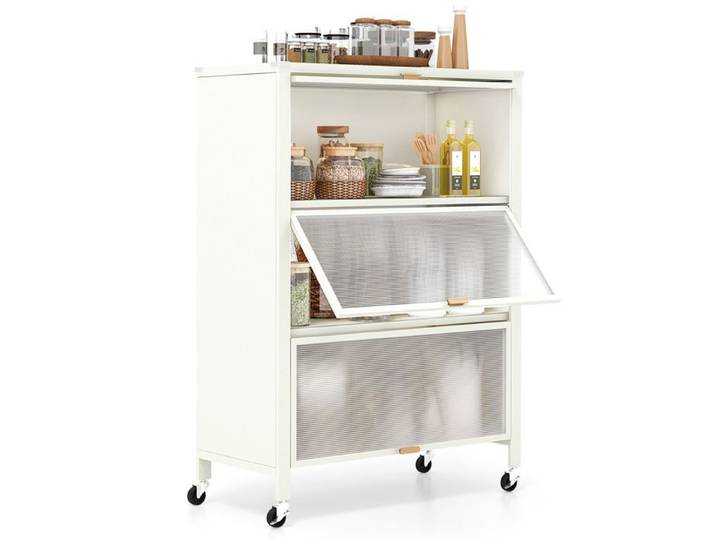COSTWAY Buffet de Cuisine à 4 Niveaux avec Roues Universelles Verrouillables Portes Rabattables pour Cuisine Bureau Salon Blanc