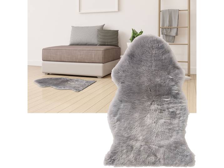 Echtes Schaffell, Lammfell Teppich, flauschig & weich, grau, 90 x 60 cm