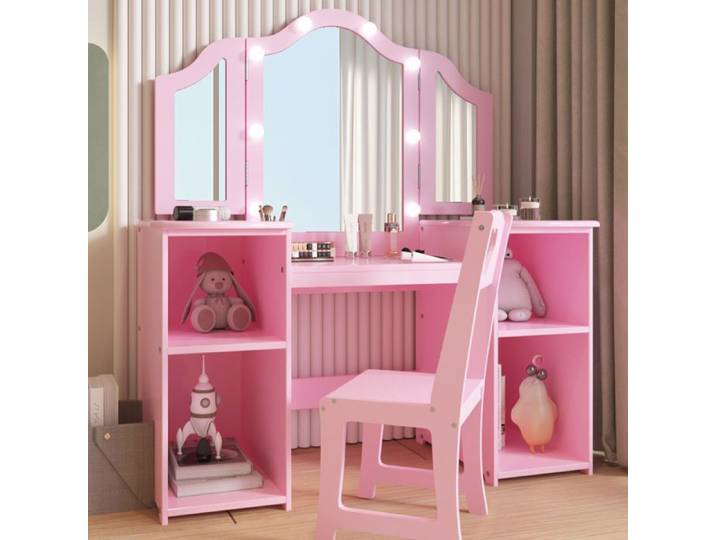 Coiffeuse Enfant 2-en-1 – Table Maquillage/Bureau Miroir 3 Pliages Tactile Tiroir + Étagères-Rose 104x41x117cm