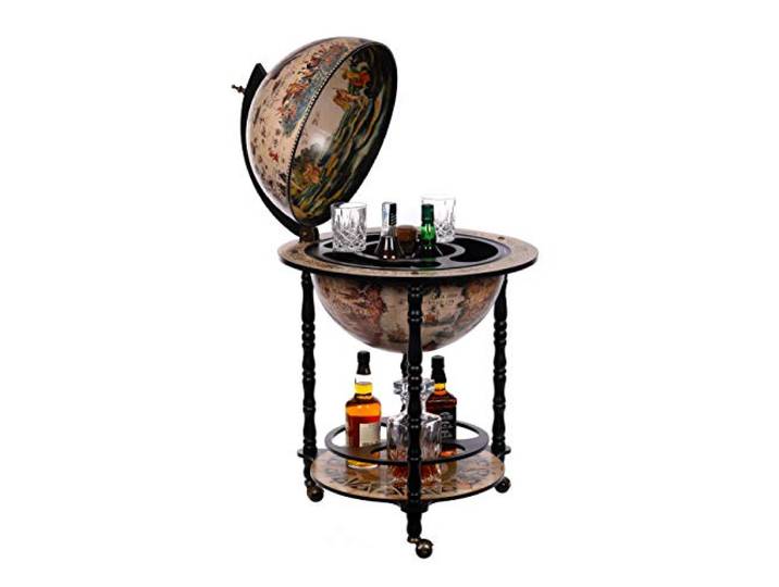 Birendy Riesiger Barwagen 45001WB01, mit massiven Eukalyptusholz Säulen, geöffnet 112 cm hoch und 58 cm breit, Globusbar, Bartisch, Hausbar, Barwagen, Weltkugel, Cocktailbar, Dekobar, Tischbar
