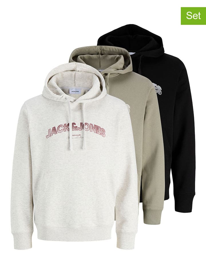 Jack & Jones 3er-Set: Hoodies in Khaki/ Creme/ Schwarz - L