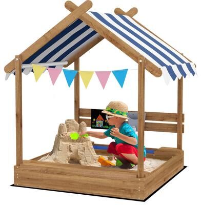 Outsunny Wooden Sandbox with Canopy, Kids Sand Pit with Liner, Blackboard, Sink, Playset, Flags, House Design