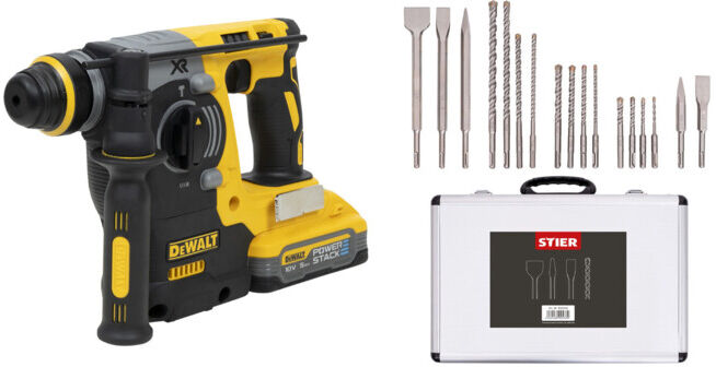 Set DeWalt Akku-Kombihammer 18V/5Ah SDS-plus + Stier SDS-Plus Bohrer & Meißelsatz, 17-teilig