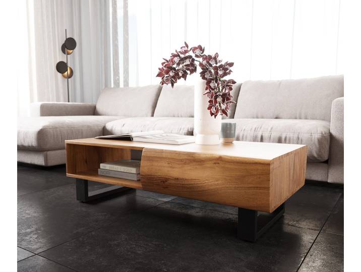 Table basse New Live Edge 115x60 cm acacia naturel 2 tiroirs 1 compartiment patin métal noir