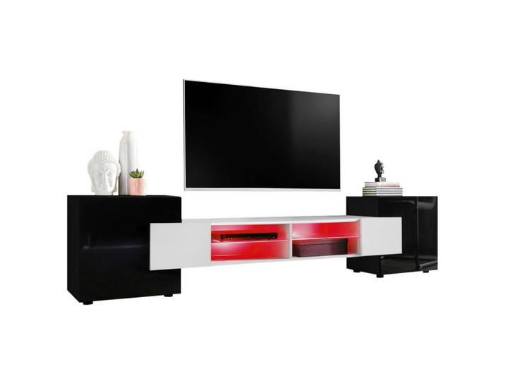 Komodee Lowboard Merano Black, LED Beleuchtung Mehrfarbige, Schwarz, Weiß, Schwarz, 4 Fächer, Rechteckig, 230x52.5x35 cm, Wohnzimmer, TV Möbel, Lowboards, Lowboards stehend