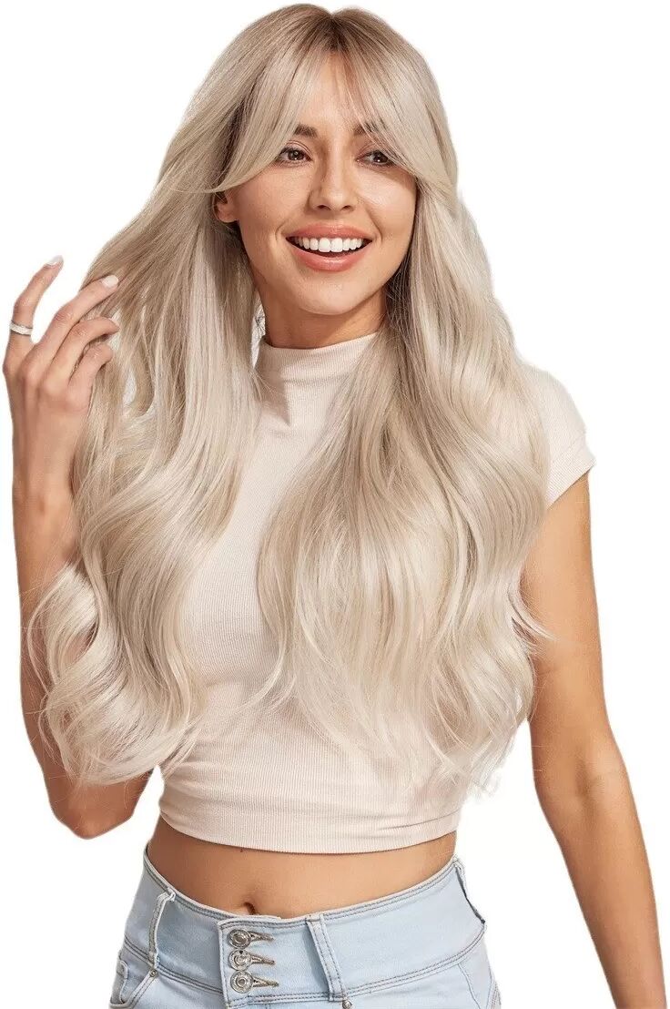 INF Lange gewellte platinblonde Perücke mit Pony - Hitzebeständiges Kunsthaar für Alltag & Party