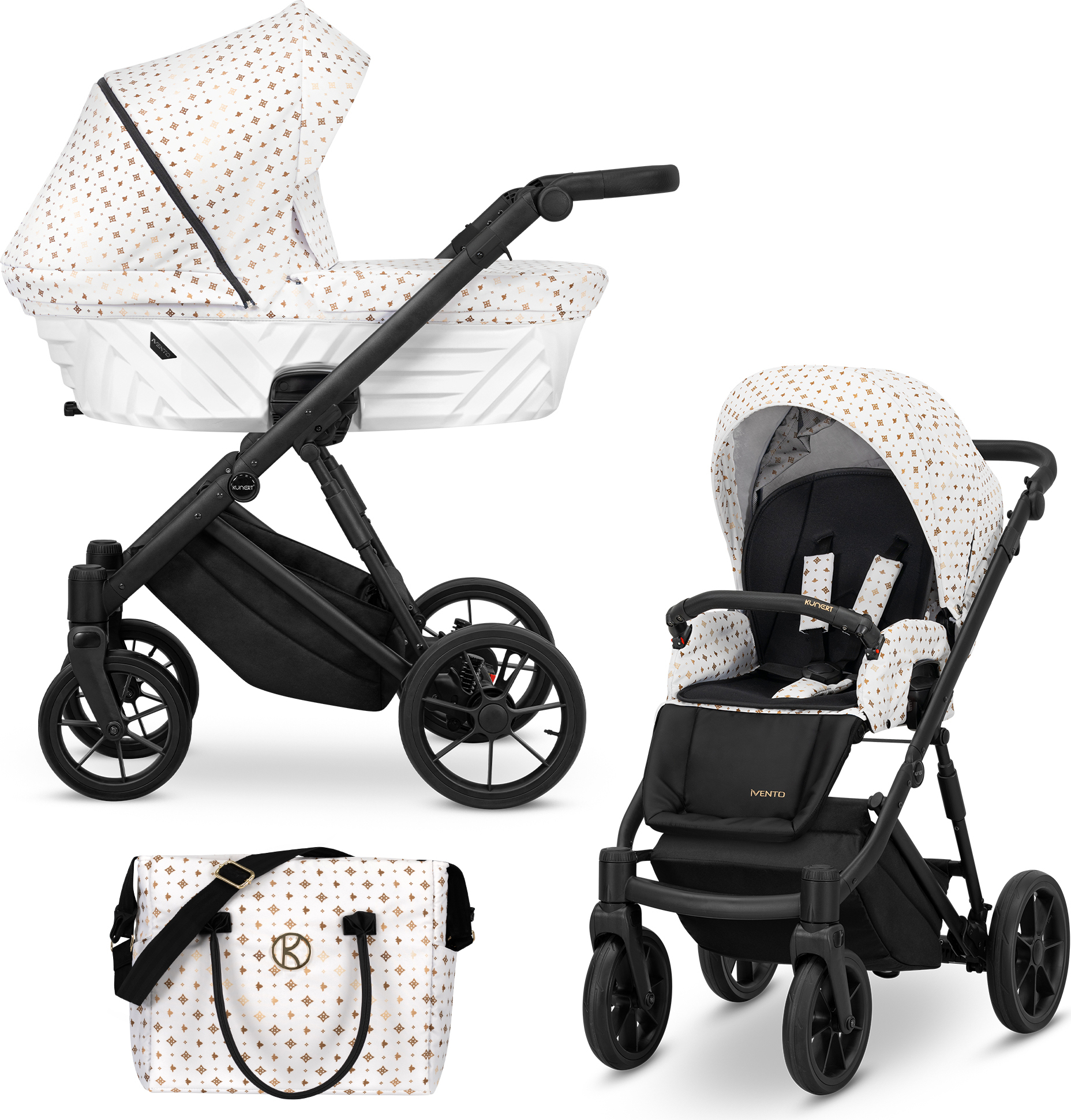 Kinderwagen IVENTO Sportwagen Babywagen Babyschale Komplettset Kinder Wagen Set 2 in 1 (White Style, Rahmenfarbe: Schwarz)
