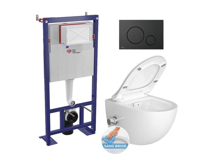 Pack WC bâti-autoportant + WC sans bride SAT Infinitio avec fonction bidet thermostatique + Abattant softclose + Plaque noir mat