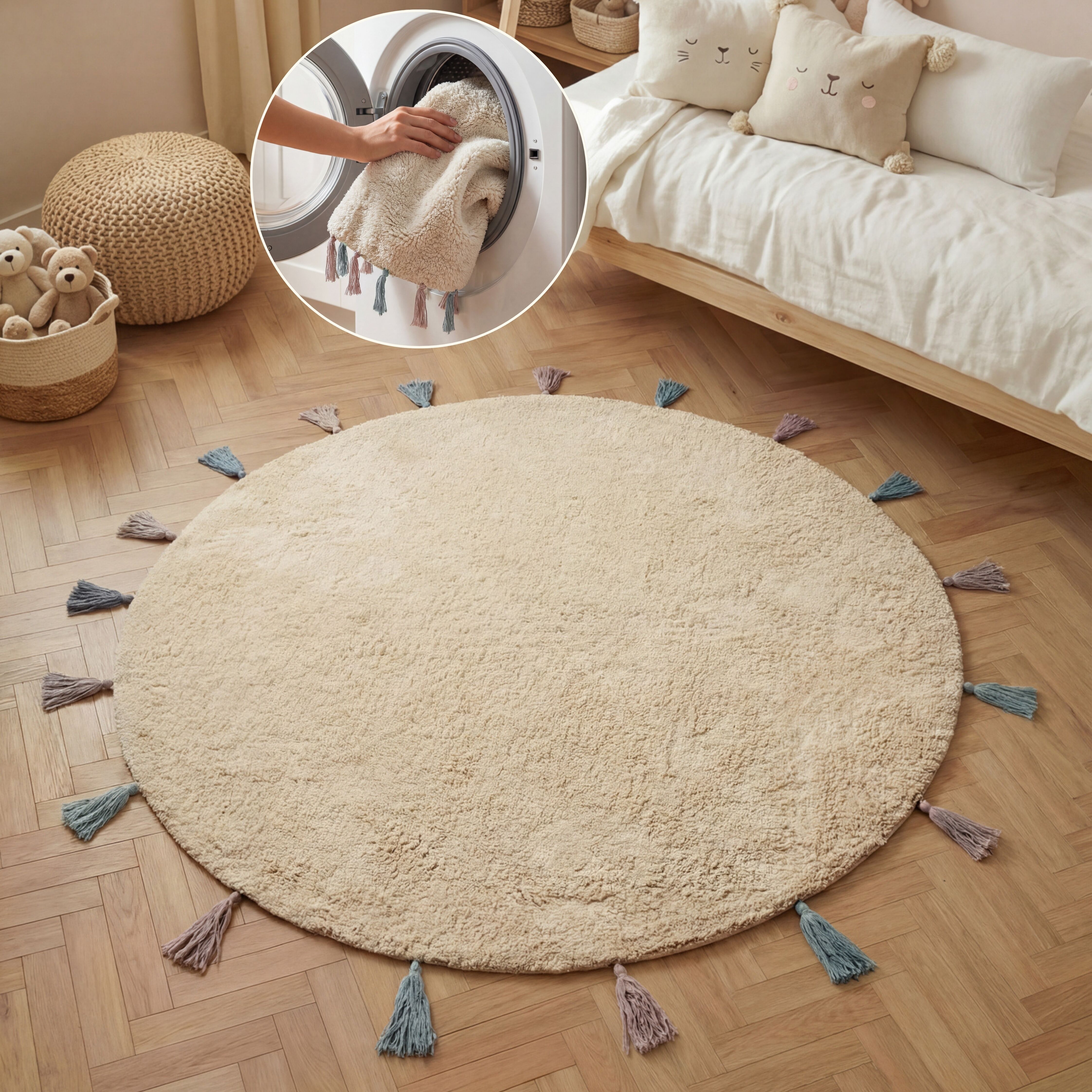 Kinderteppich HANSE HOME "Sunna", beige (creme multifarben), H:10mm Ø:160cm, Baumwolle, Teppiche, Kinderteppich, Waschbar, Handgemacht, Baumwolle, Rutschfest Spielteppich Kinderzimmer creme multifarben Ø 160cm 1 Stk., 10mm, Ø 160cm