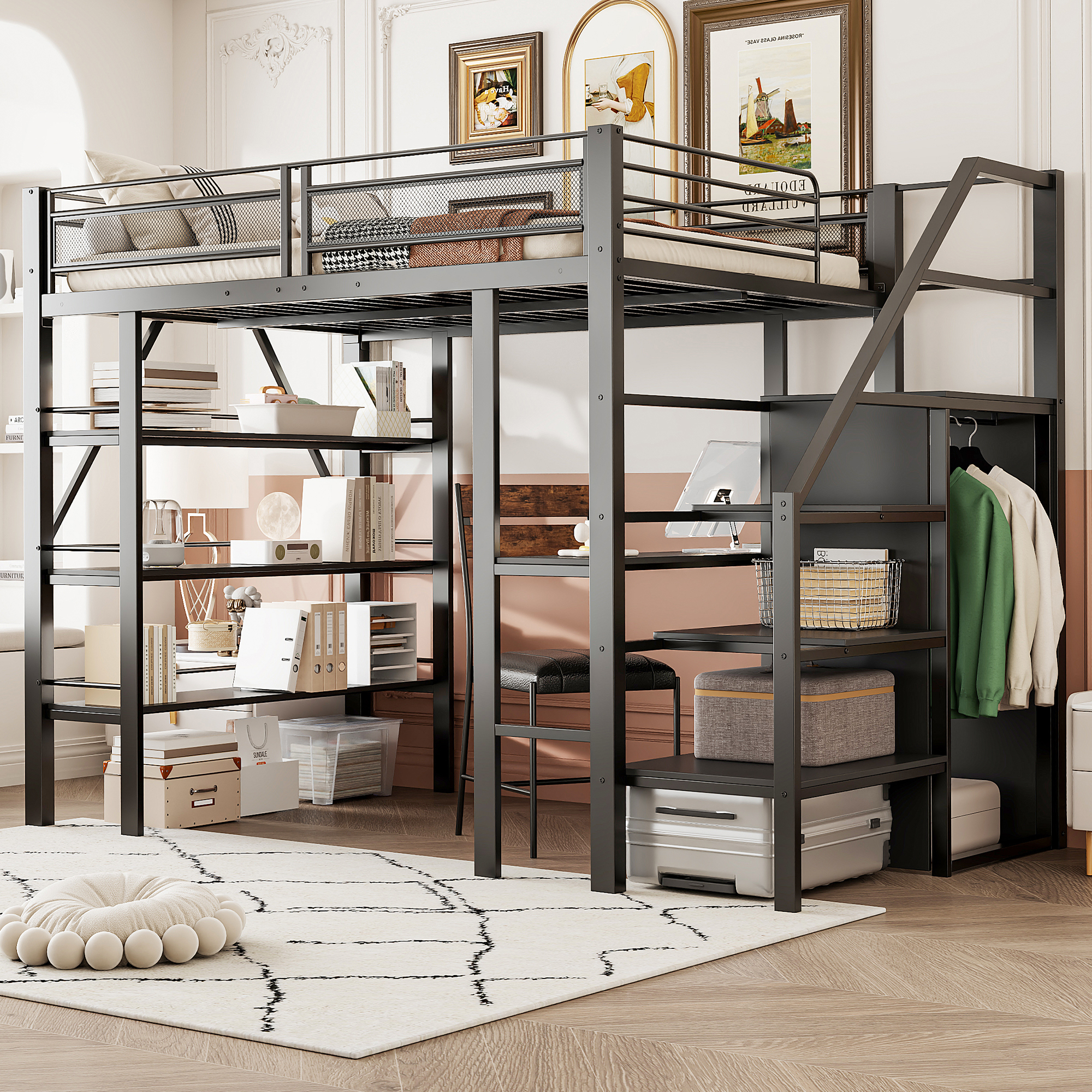Flieks Etagenbett 140x200cm mit Schreibtisch und Bücherregal, Kinderbett Jugendbett mit Rausfallschutz, Hochbett mit Treppe und Garderobe, Schwarz