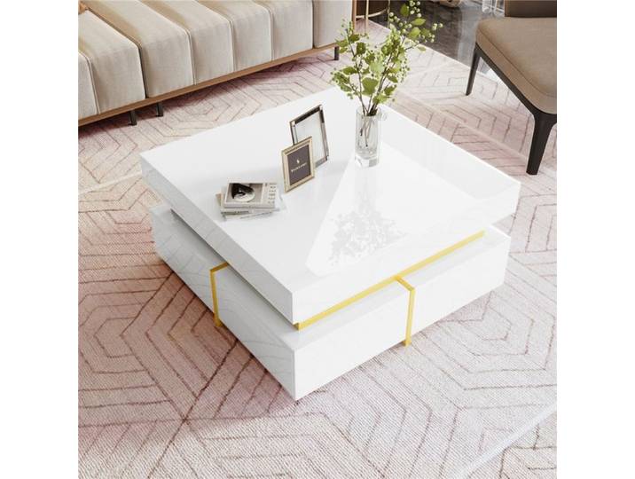 Table Basse Table basse salon brillante avec tiroirs & décor doré - Design moderne pour salon élégant 70x70x35.5cm