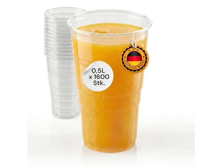 LogiPack GeRo 1600 Stück Plastikbecher – Trinkbecher mit Eichstrich 0,5l Einwegbecher aus Hartplastik (PP), transparent Bierbecher & Partybecher – Kunststoffbecher