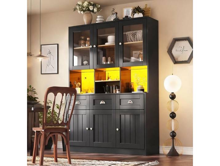 Buffet haut design rétro en MDF noir éclairage LED connecté 3 tiroirs 6 portes 140x40x175 cm