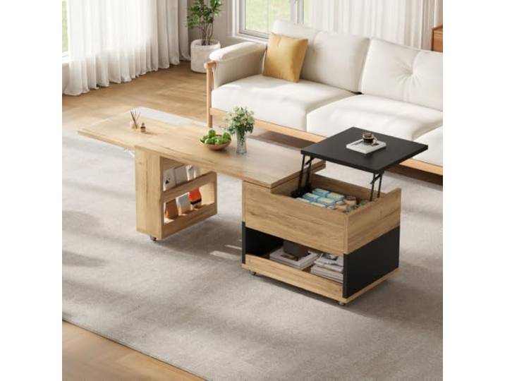 XINGNING Dimmbares Retro Sideboard Mit Beleuchtung Als Raumteiler Holz Metal Design Stauraum Für Wohnzimmer Essbereich TV Bank Lowboard (Natural+Black + Engineered Wood + Modern)