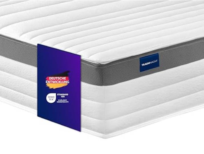 Traumnacht Exklusiv 7-Zonen 1.000er Tonnentaschenfederkernmatratze, Stiftung Warentest Testurteil Gut - Ausgabe 10/2023, 23 cm Premiumhöhe, Öko-Tex zertifiziert, Härtegrad 3 (H3), 200 x 200 cm