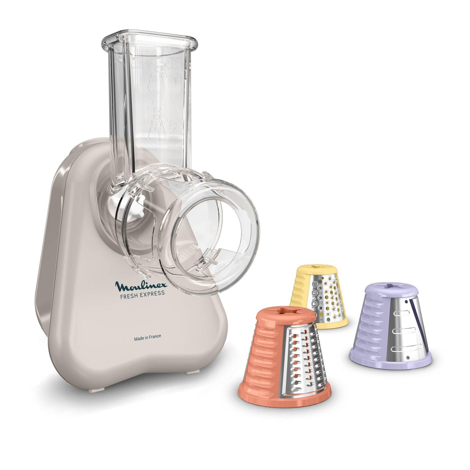 MOULINEX DK853B Fresh Express Gemüsewolf (Direktserviersystem in die Schüssel, 3 Funktionen in 1: Zerkleinern, Schneiden, Reiben, ultrakompakte Größe, Überhitzungsschutz, spülmaschinengeeignetes Zubehör, Zubehör: 3 farbige Kegel (Reibe, Schnitzelwerk, Hobe