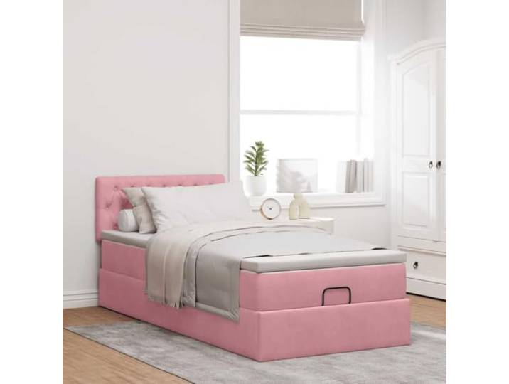 KTHLBRH Bett Pouf Samt Rosa 90 x 200 cm mit Matratze Unterbettkommode, hydraulischer Heber, Kopfteil inklusive, Taschenfedern