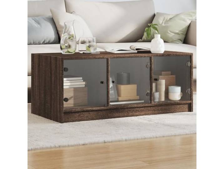 HEFZGDB Couchtisch mit Glastüren Braun Eichen-Optik 102x50x42 cm Moderner Beistelltisch mit Stauraum für Bücher und Deko