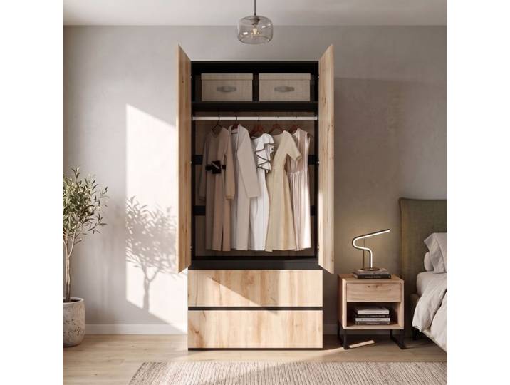 Armoire penderie 90x50x200 cm avec 1 tringle 2 tiroirs et 2 portes Armoire moderne haute pour Chambre chambre D'enfant Chêne