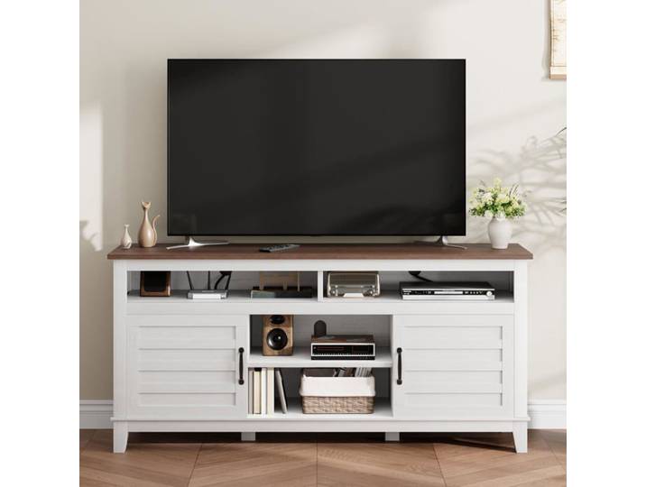 Meuble TV blanc style fermier pour écran jusqu'à 63 pouces meuble de divertissement avec portes et étagères réglables pour salon