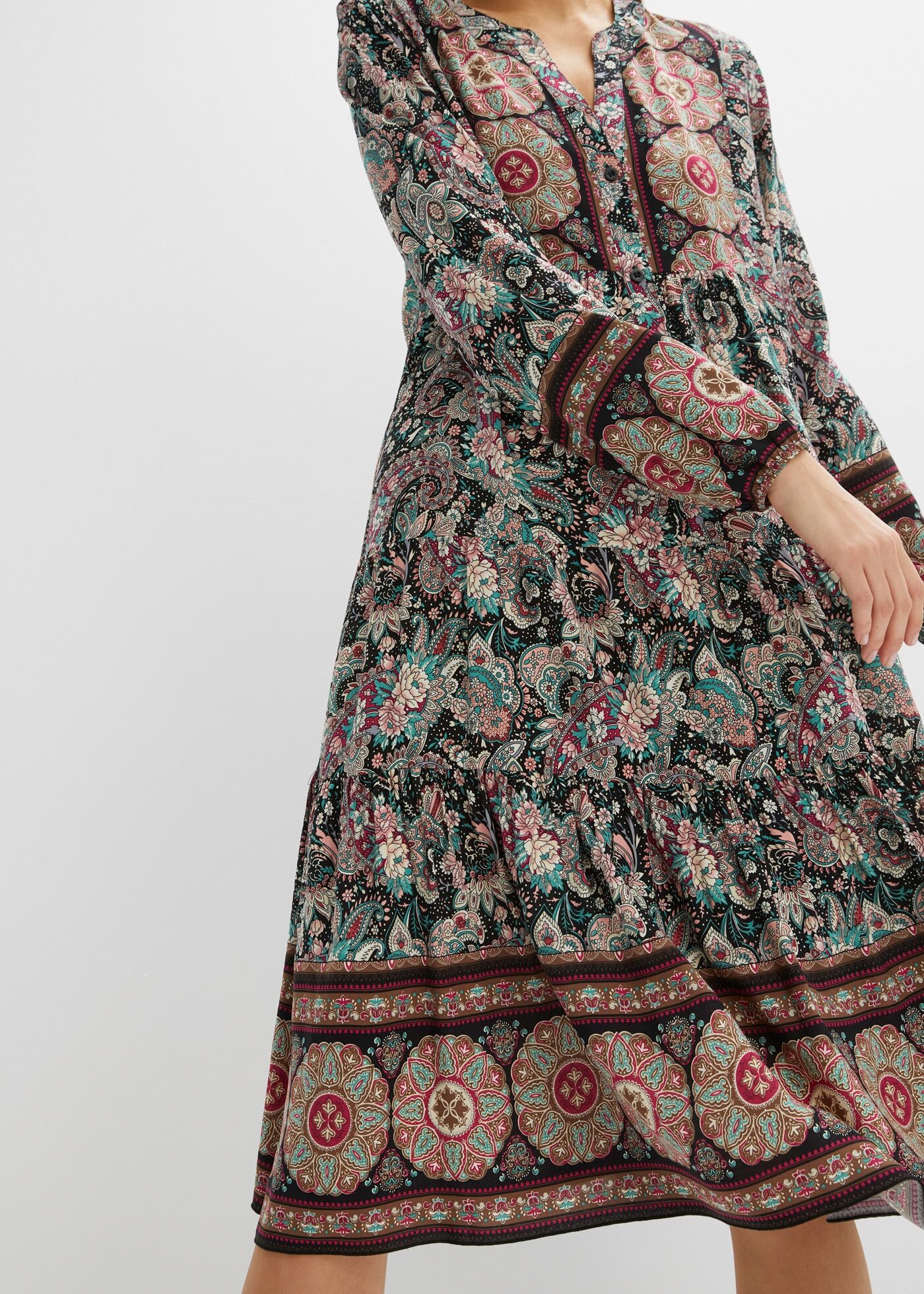 Tunikakleid BONPRIX, Damen, Gr. 52, K-Gr, bunt (schwarz bedruckt (länge: kurz)), Web, Obermaterial: 100% Viskose, Paisley, bedruckt, A-Linie knieumspielend, V-Ausschnitt, mit Gummizug, Kleider Tunikakleid, für Festivals, aus Viskose, A-Linien-Passform, Ku