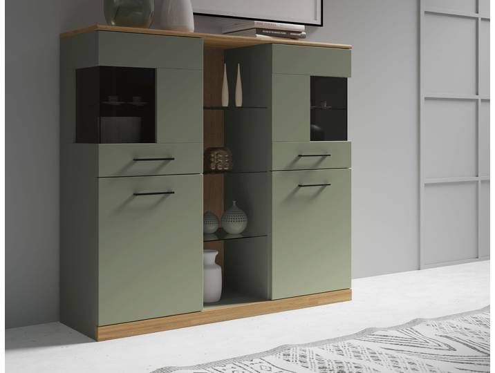 Highboard GOODPRODUCT Ribe,120cm breit,112cm hoch,Oberplatte massiv,12 Fächer , grün (salbei, eiche), B:120cm H:112cm T:35cm, Sideboards, Highboard, Eiche massiv,Melamin Salbeigrün,schwarze Metall Griffe,Türen mit Glass