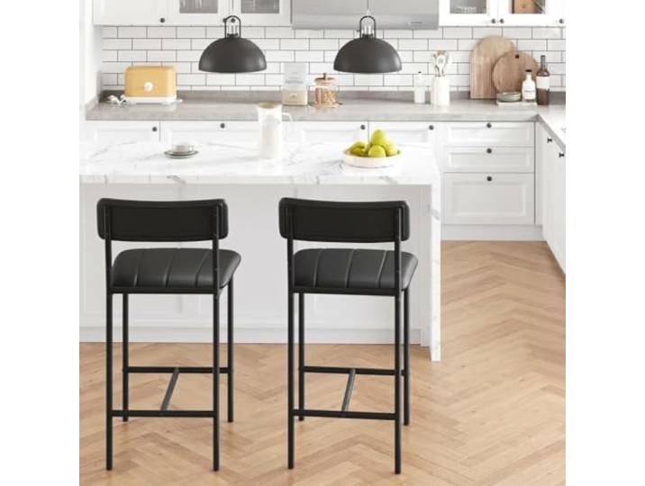 IDEALHOUSE Esszimmermöbel-Set mit 2 Polsterstühlen, Schwarz Hohe Barhocker mit Rückenlehne, Bequem, Platzsparend, PU-Leder, Stabiler Stahl/MDF