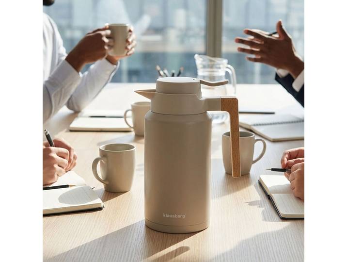 Konferenzthermoskanne mit Holzgriff, 2L, beige