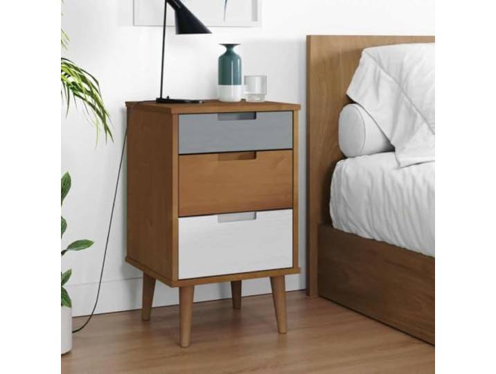 HEFZGDB Massivholz Nachttisch MOLDE Braun 40x35x65 cm Kiefer mit 3 Schubladen, Stauraum, UV-Lackierung, Stabiler Holzrahmen und robuster Oberplatte für Wohnzimmer Schlafzimmer