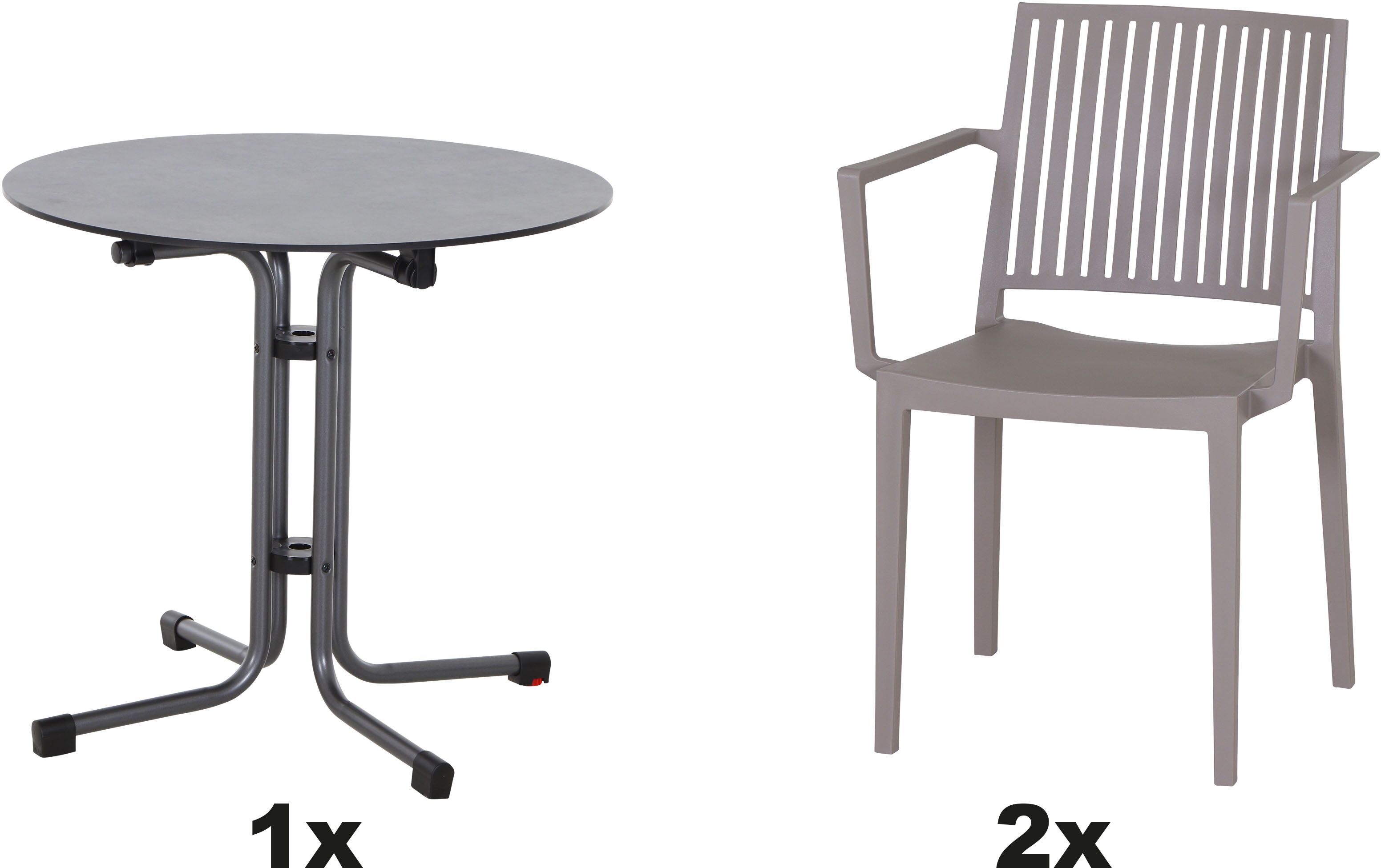 Gartensessel SIENA GARDEN "Lane Sessel taupe 2er Set mit Tisch", beige (taupe), B:57cm H:82cm T:56cm, Sessel, Gartensessel, 2 x Stapelsessel + Tisch Sola Ø 80 cm