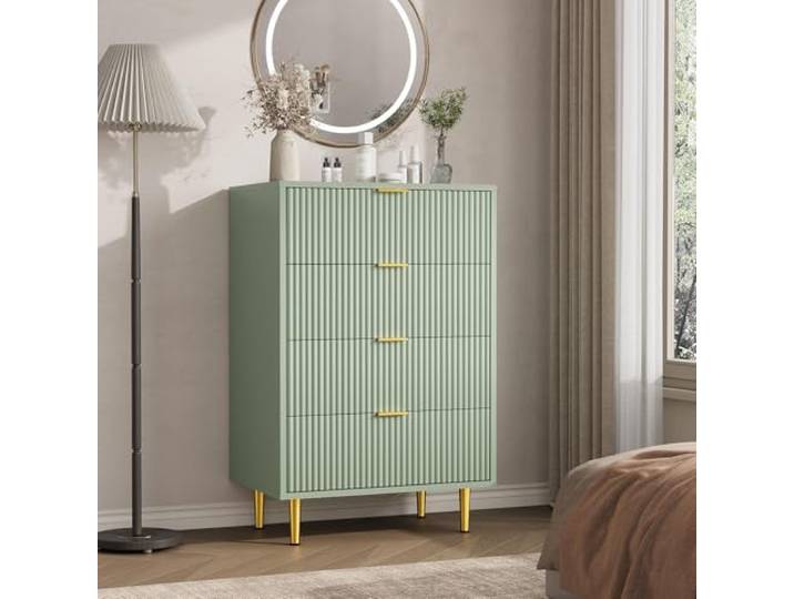 IDEALHOUSE Schmale Kommode mit 4 Schubladen, 60×40×94 cm – geriffelte Wellenfront, Goldfarbene Metallgriffe & -füße, mit Kippschutz, für Schlafzimmer/Wohnzimmer/Flur – Olivgrün, 4 Schubladen