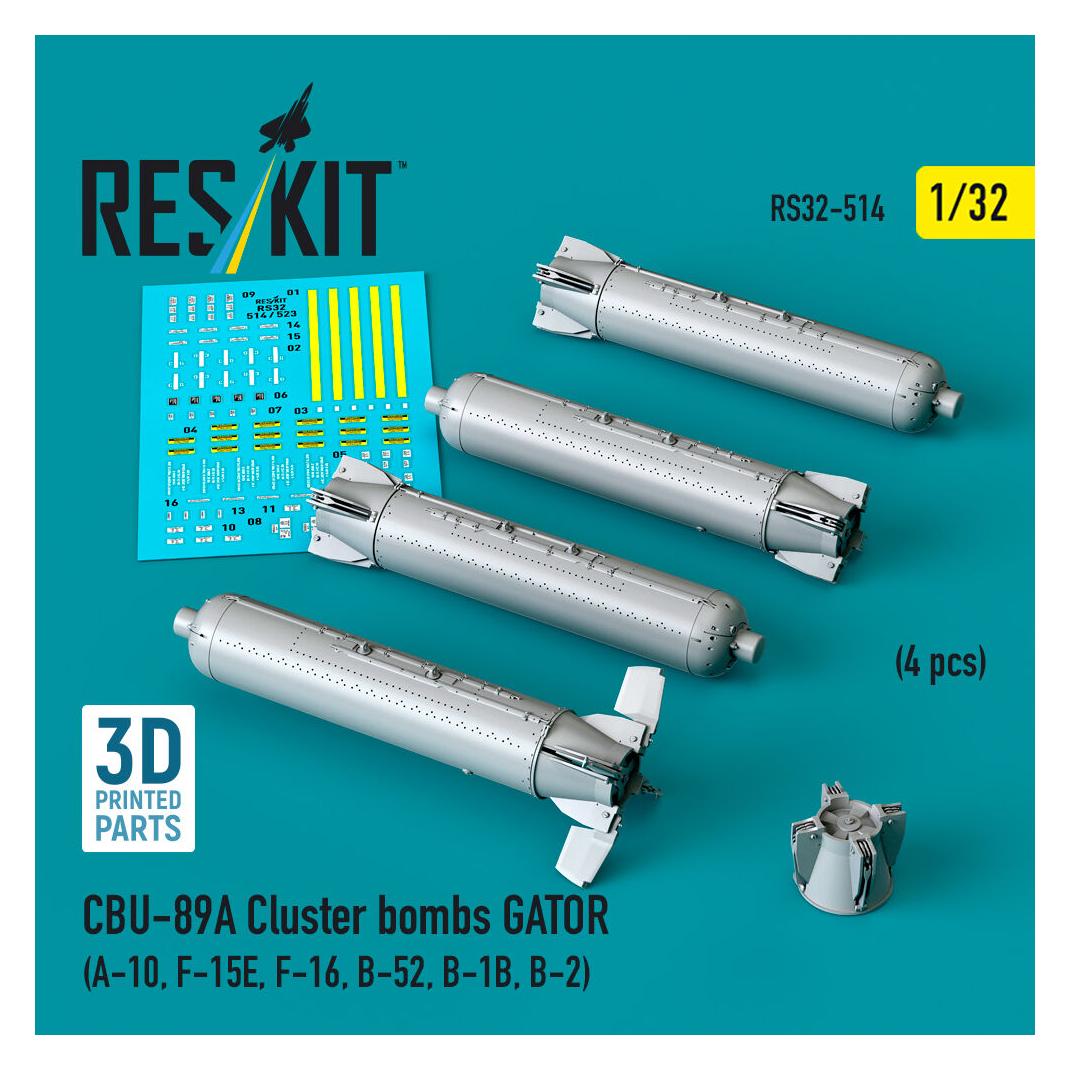 ResKit CBU-89A cluster bombs GATOR (4 pcs) (A-10, F-15E, F-16, B-52, B-1B, B-2) (3D Printed) (RS32-0514)