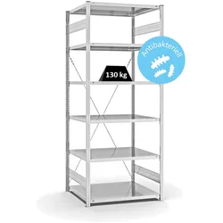 PROREGAL Antibakterielles Fachbodenregal Stecksystem T-Profil | HxBxT 250x100x80cm | 6 Ebenen | Traglast 130kg | Antibakterielle Beschichtung | Weiß