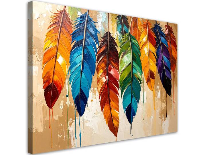 Feeby Leinwandbild Bunte Federn Farbeffekt beige 90x60cm, Mehrfarbig, Tiere, Rechteckig, 90x60 cm, Bilder & Rahmen, Bilder, Leinwandbilder