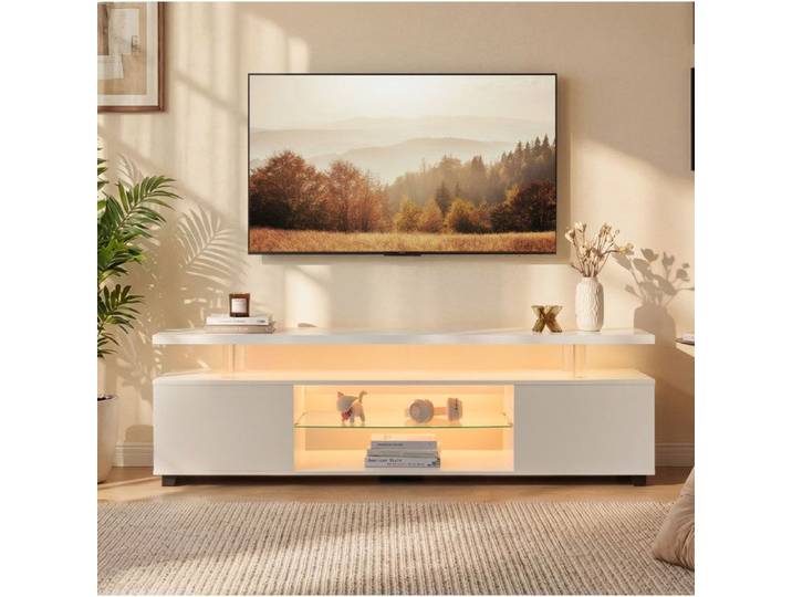 Meuble TV 60 pouces console multimédia gaming éclairage LED placard latéral blanc