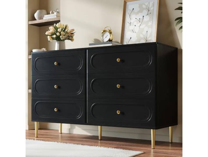 BXEYXE Sideboard,Kommode mit 6 Schubladen, ovalen Vertiefungen, Metallfüße, moderner Aufbewahrungsschrank fürs Wohnzimmer