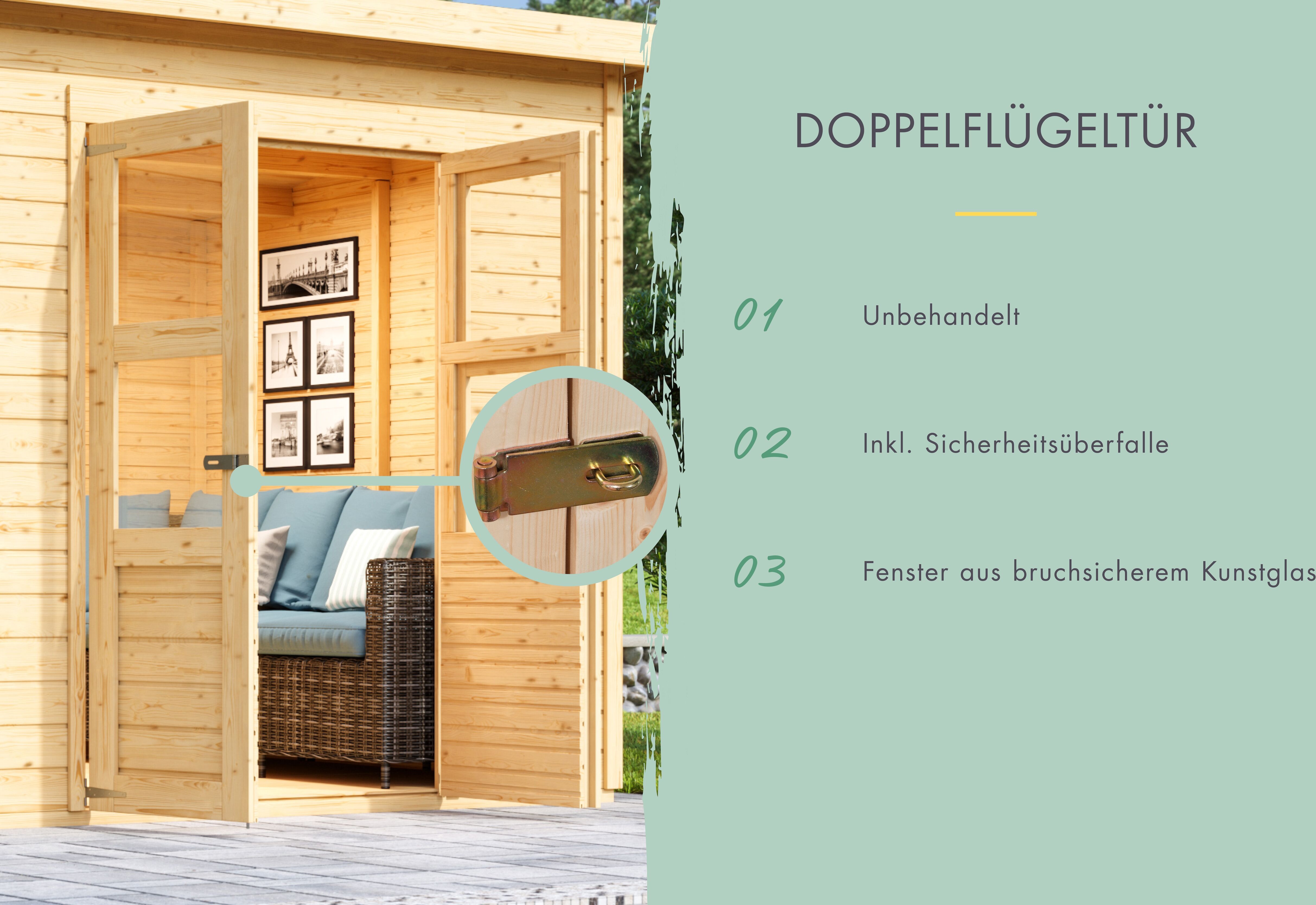 Gartenhaus KONIFERA "Akamaru 5", beige (naturbelassen), Fußboden im Gartenhaus, Dachfolie, Massivholz, Gartenhäuser, Gartenhaus