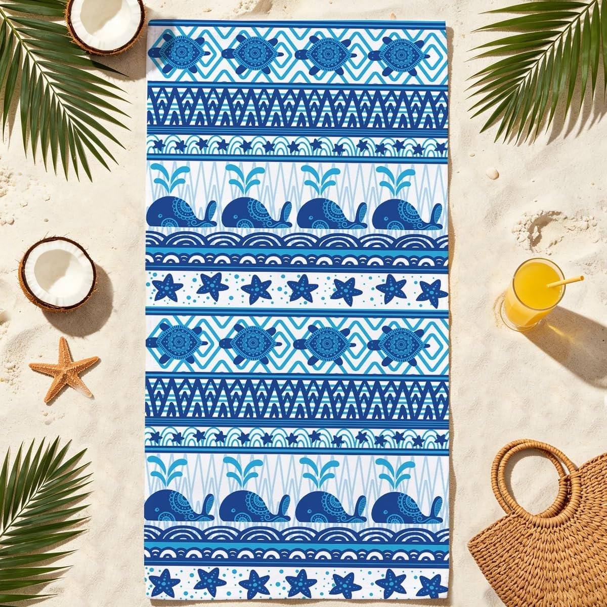 Sneldrogende microvezel strandhanddoek met walvisprint, 75 x 150 cm