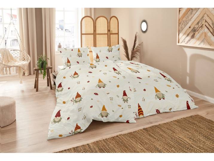 Housse de couette Feinbiber Wichtel 155 x 220 cm + oreiller 80 x 80 cm Jaune/Marron