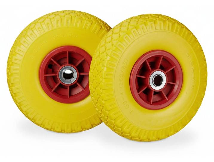 8 roues pour diable\, pneus en caoutchouc plein anti-crevaison\, 3\,00-4 pouces\, axe de 20 mm\, charge max. 80 kg\, roue de secours 260 x 85 mm\, jaune-rouge