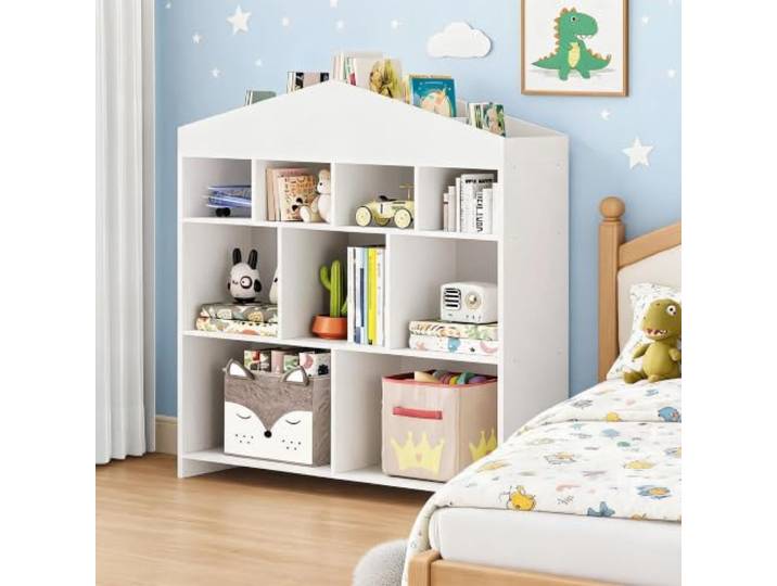 GarveeMore Kinderregal mit 9 Fächern, Weiß, Spielzeugaufbewahrung Hausförmiges Design auf Kinderhöhe – ideal für Bücher und Spielzeug im Kinderzimmer oder Kindergarten.