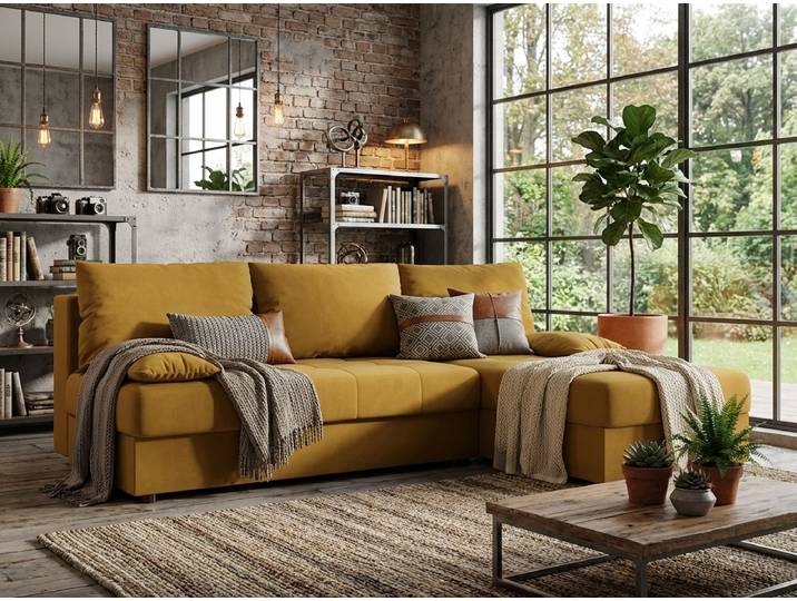 AKTION Ausziehbare, beidseitige L-förmige Eckcouch VENORIA SLIM 200x143 cm, Senfgelb + 2 Kissen GRATIS II. Qualität