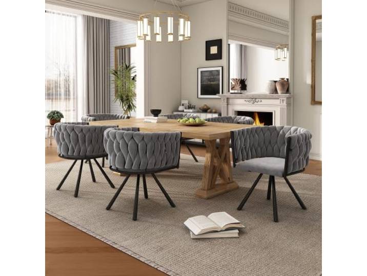ModernLuxe Samt-Esszimmerstuhl 6er Set, Luxus-Drehstuhl mit 360°-Funktion, moderner Sessel für Wohnzimmer und Schlafzimmer, Freizeit-Drehstuhl mit stabilem Metallrahmen, ergonomisches Design grau