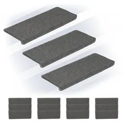 Relaxdays Stufenmatten 15er Set, rechteckige Treppenstufenmatten, BxT: 65x24 cm, selbstklebende Treppenteppiche, grau