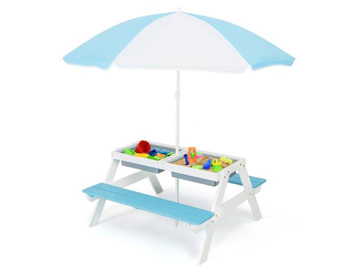 3-In-1 Picknicktafelset met Parasol en Banken voor Kinderen Kindermeubelset voor Tuin Achtertuin Terras Speeltafel Multicolor