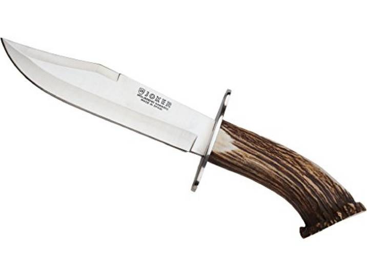 Joker CN100 Messer Bowie 20 , Hirschhorngriff, Gürtelmesser mit 20 cm MOVA Stahlklinge, inkl. brauner Lederscheide, Werkzeug zum Angeln, Jagen, Camping und Wandern